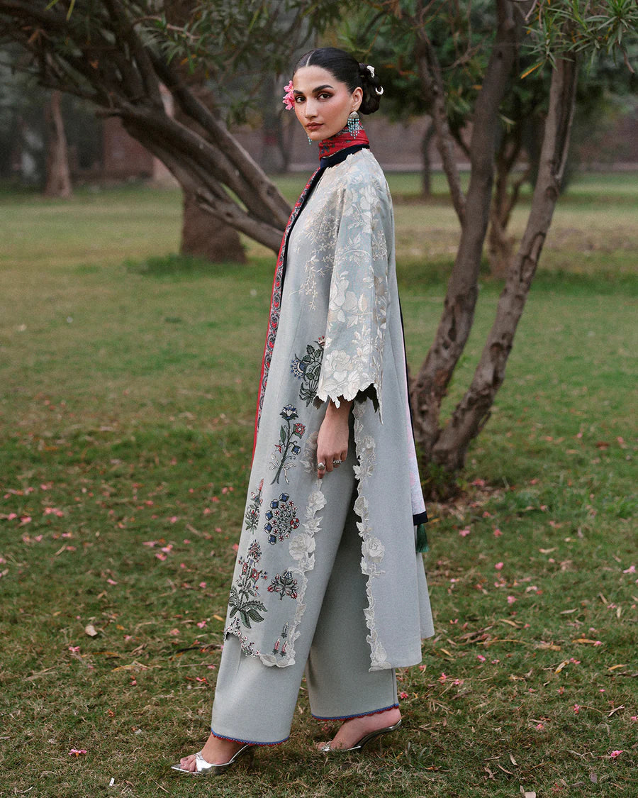 Stitched Jugnu Lahore Heran Light Grey Khaddar 3pc with floral embroidery and wool shawl, available worldwide at Pakistanimoda.