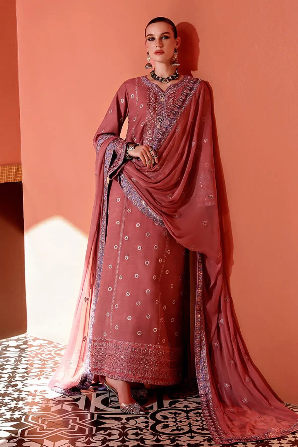 Hermione by Mushq Nuvera Raw Silk 2026 tea pink raw silk 3PC stitched suit with chiffon dupatta Pakistanimoda