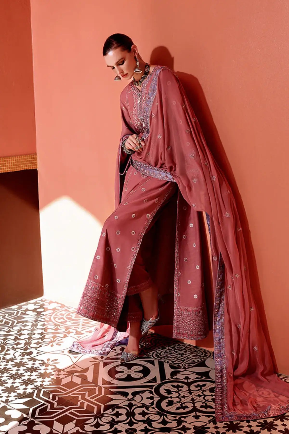 Hermione by Mushq Nuvera Raw Silk 2026 tea pink raw silk 3PC stitched suit with chiffon dupatta Pakistanimoda