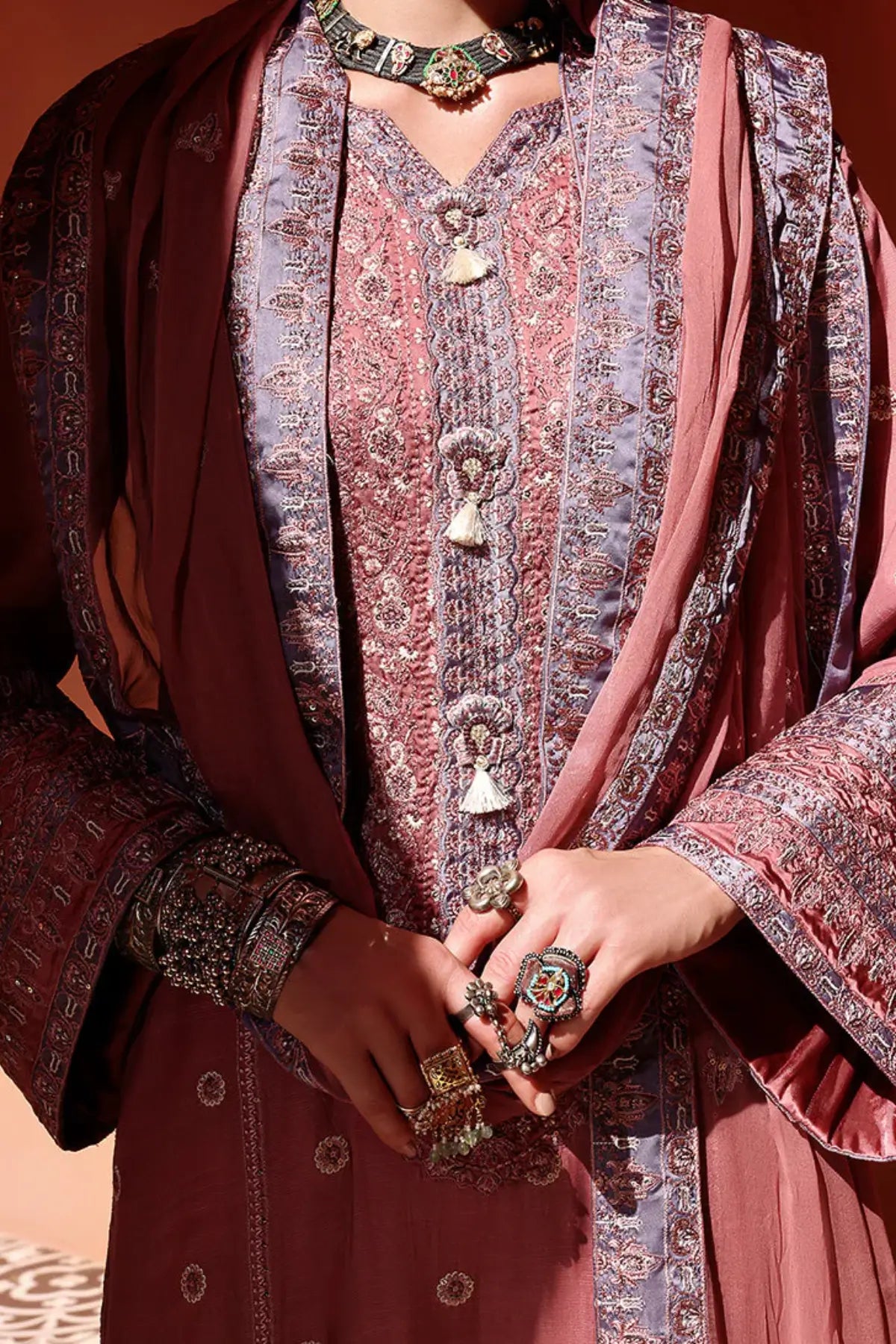 Hermione by Mushq Nuvera Raw Silk 2026 tea pink raw silk 3PC stitched suit with chiffon dupatta Pakistanimoda