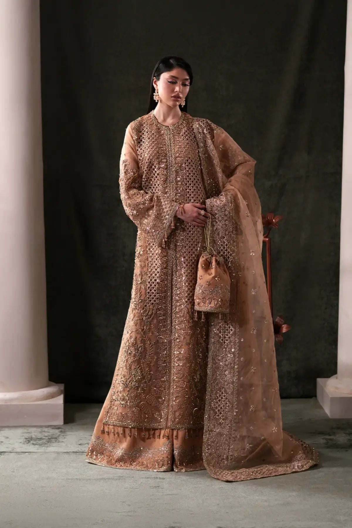 Hessonite Emaan Adeel rust embroidered organza stitched 3PC formal suit with dupatta and raw silk trouser