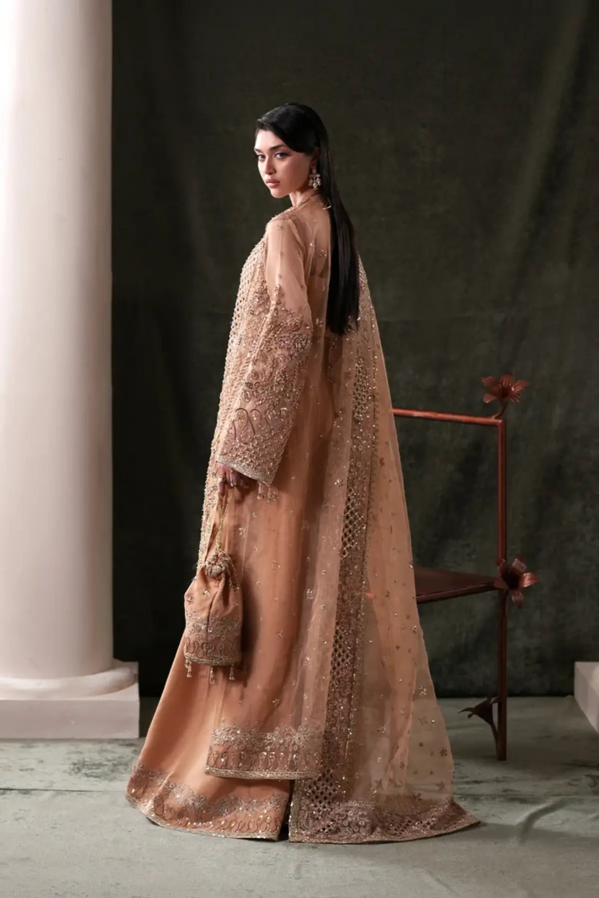 Hessonite Emaan Adeel rust embroidered organza stitched 3PC formal suit with dupatta and raw silk trouser