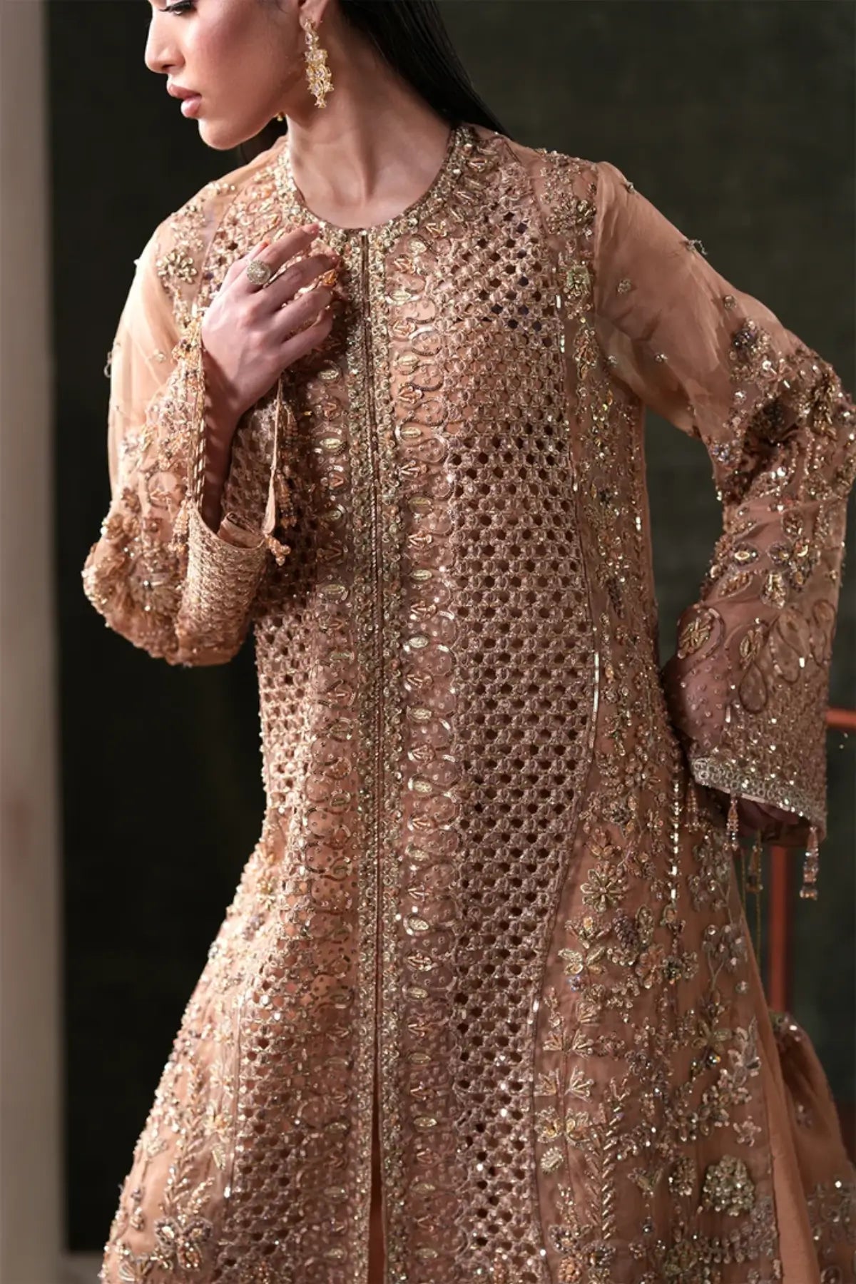 Hessonite Emaan Adeel rust embroidered organza stitched 3PC formal suit with dupatta and raw silk trouser
