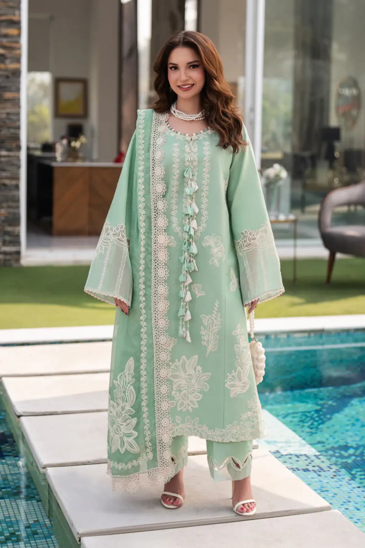 Hiba sea green embroidered lawn stitched 3PC by Rang Rasiya Carnation Eid Edit 2026 with textured dupatta