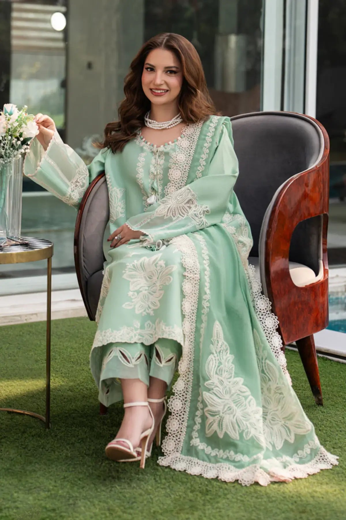 Hiba sea green embroidered lawn stitched 3PC by Rang Rasiya Carnation Eid Edit 2026 with textured dupatta