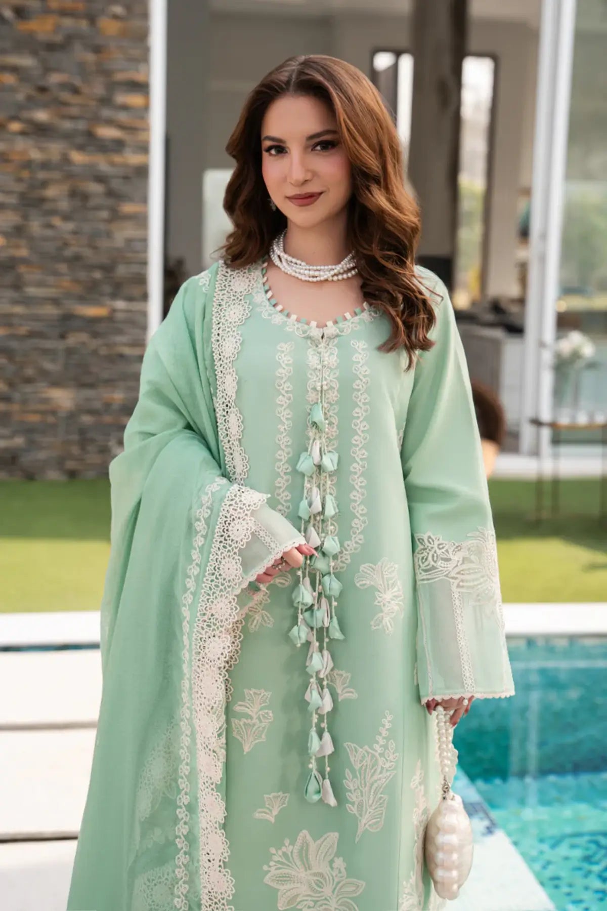 Hiba sea green embroidered lawn stitched 3PC by Rang Rasiya Carnation Eid Edit 2026 with textured dupatta