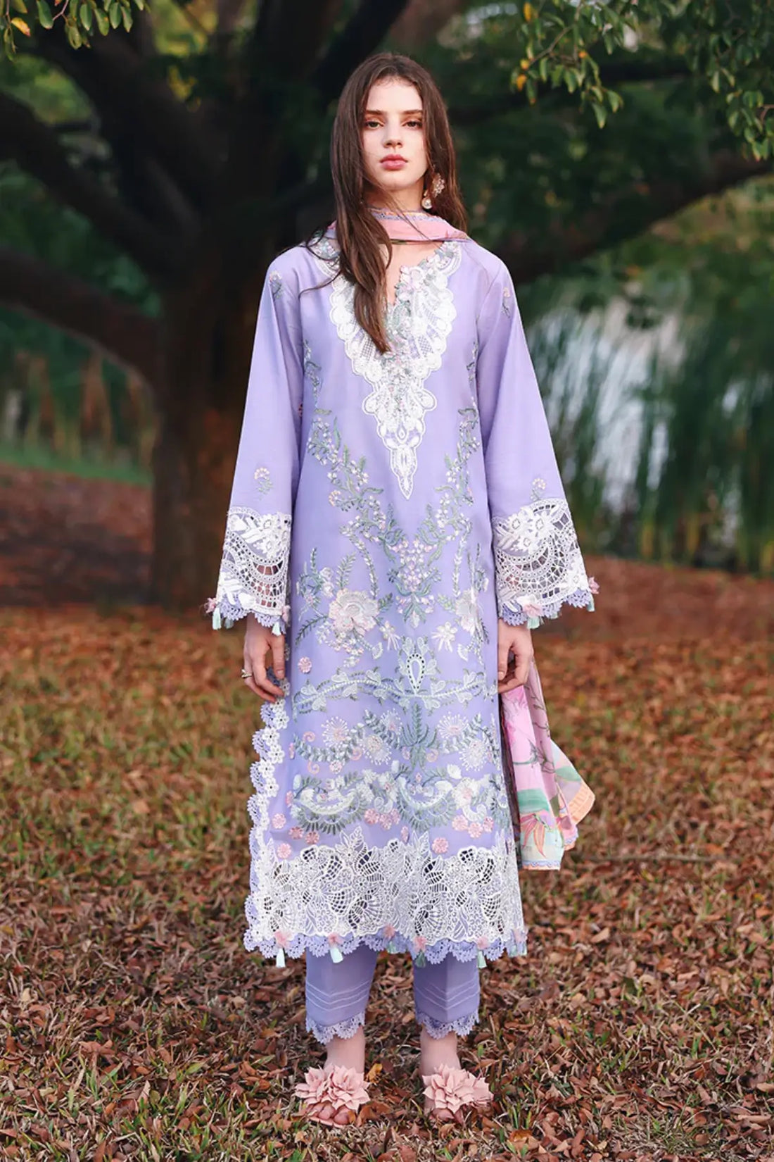 Hidden Dahlia purple Mushq stitched lawn suit with silk dupatta and 3D flower