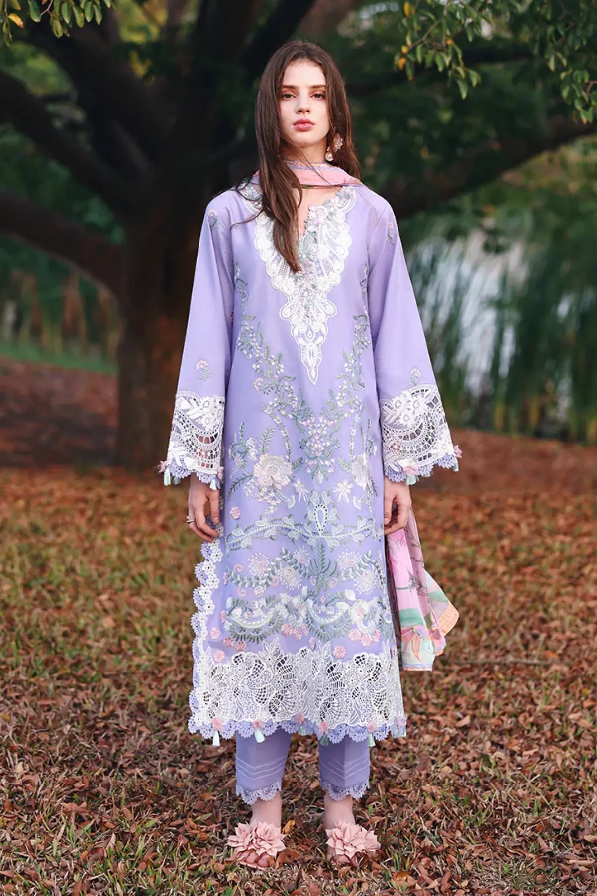Hidden Dahlia purple Mushq stitched lawn suit with silk dupatta and 3D flower