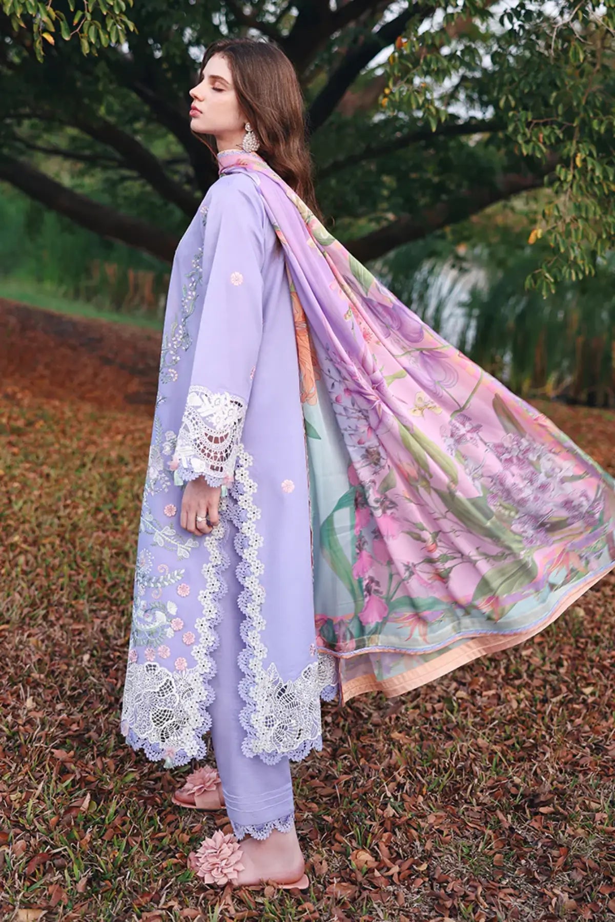 Hidden Dahlia purple Mushq stitched lawn suit with silk dupatta and 3D flower