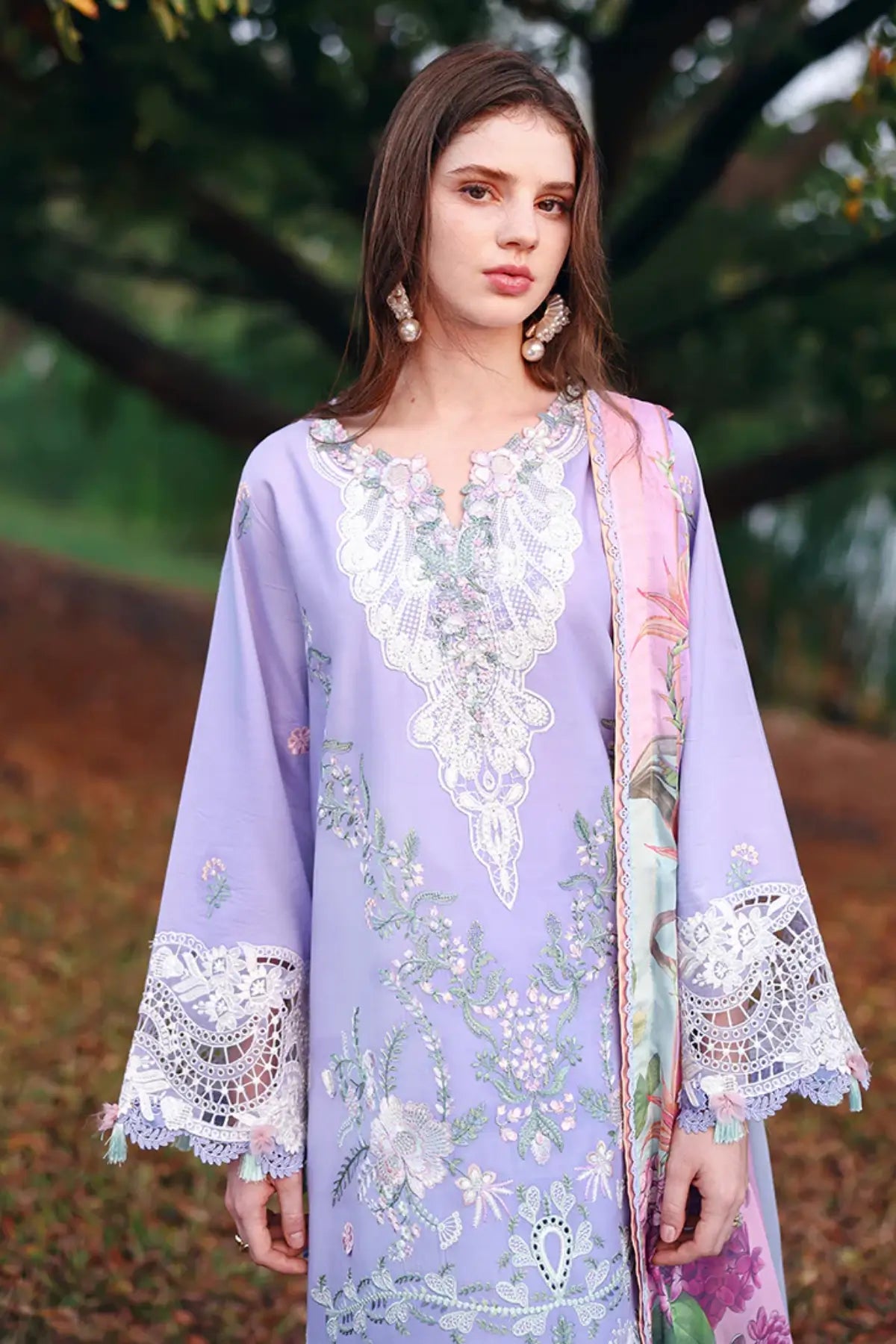Hidden Dahlia purple Mushq stitched lawn suit with silk dupatta and 3D flower