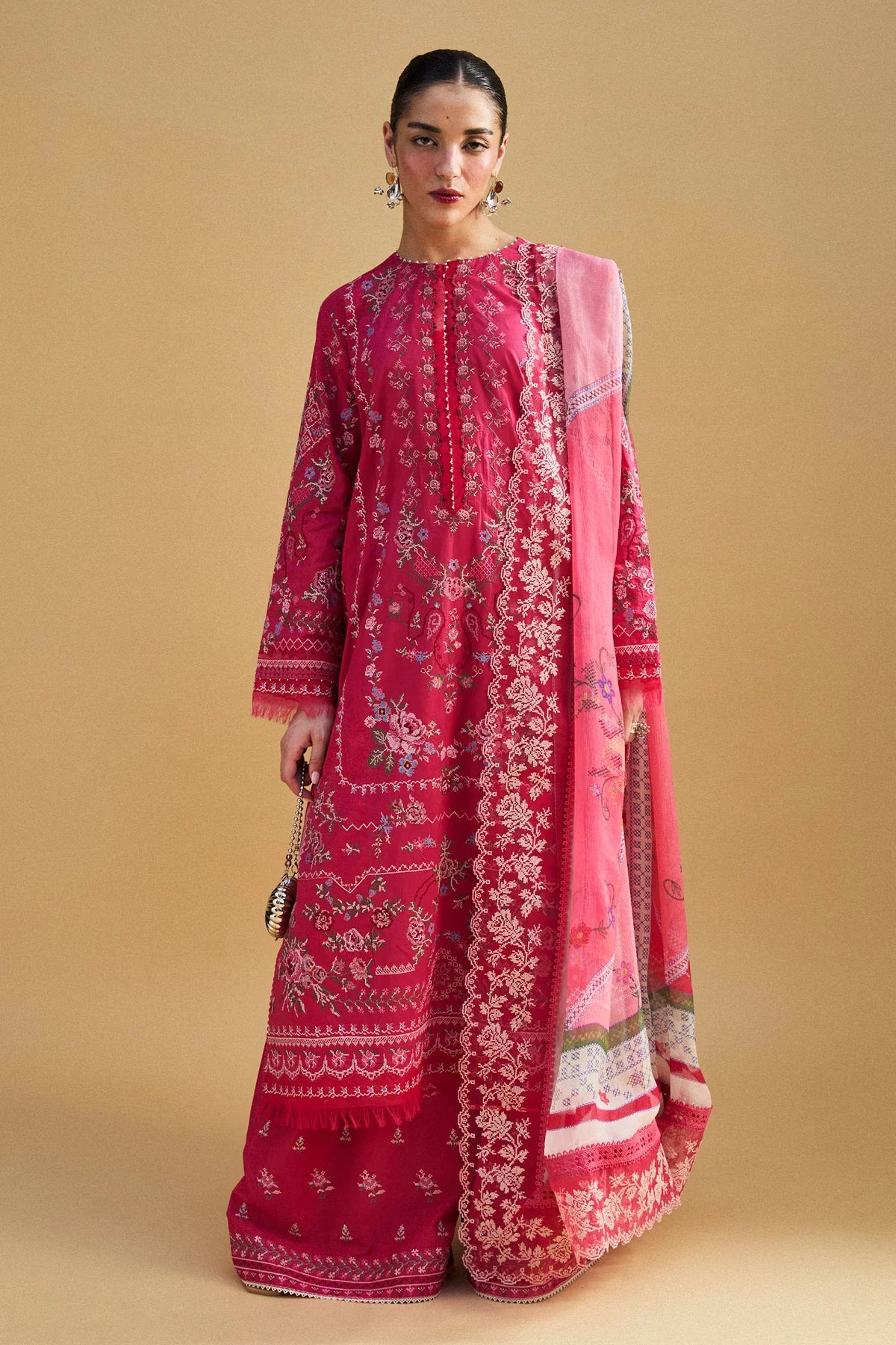 Hikari-7A- Embroidered Pink Lawn Ensemble By- Zara Shahjahan