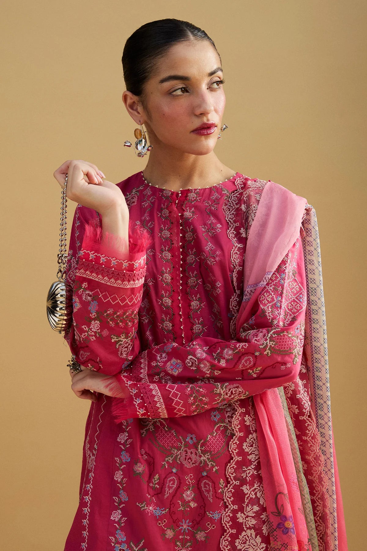 Hikari-7A- Embroidered Pink Lawn Ensemble By- Zara Shahjahan