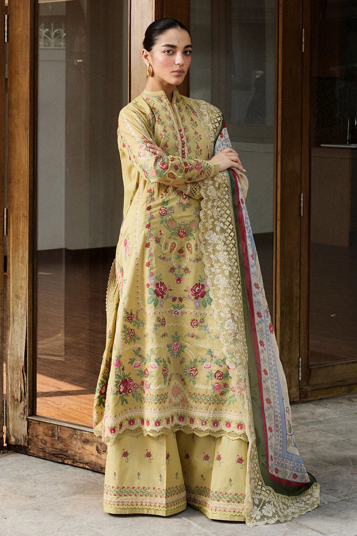 Hikari-7B- Embroidered Lime Yellow Lawn Ensemble By- Zara Shahjahan