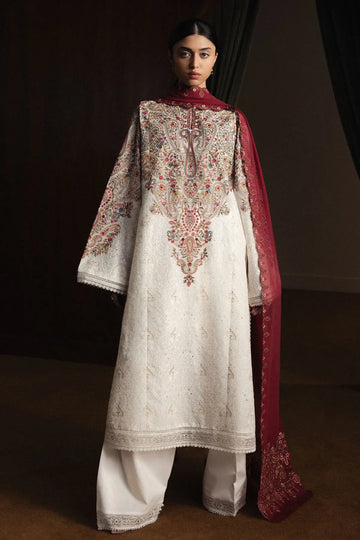 White Kashmiri embroidered lawn suit Zara Shahjahan Hikari-D7 with chiffon dupatta and cambric trouser