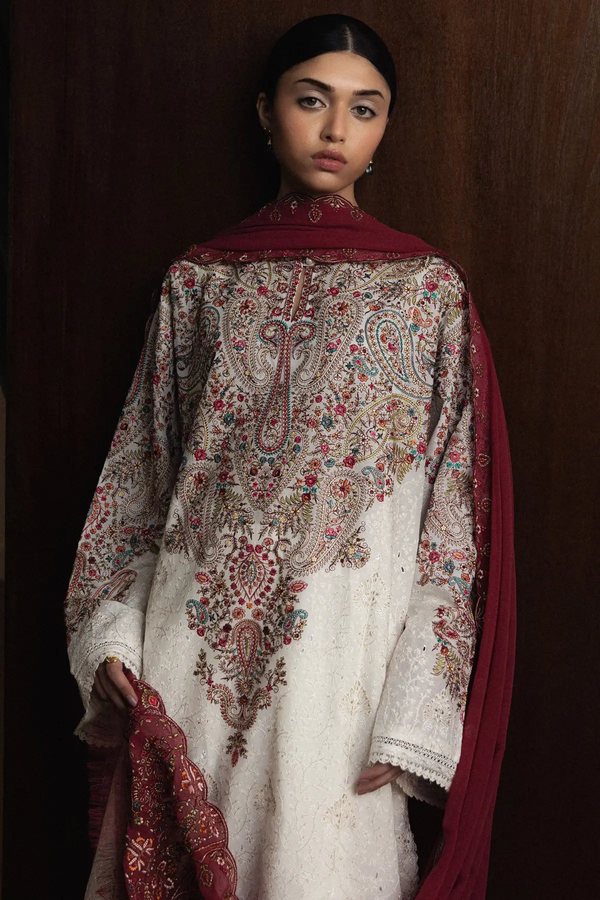 White Kashmiri embroidered lawn suit Zara Shahjahan Hikari-D7 with chiffon dupatta and cambric trouser