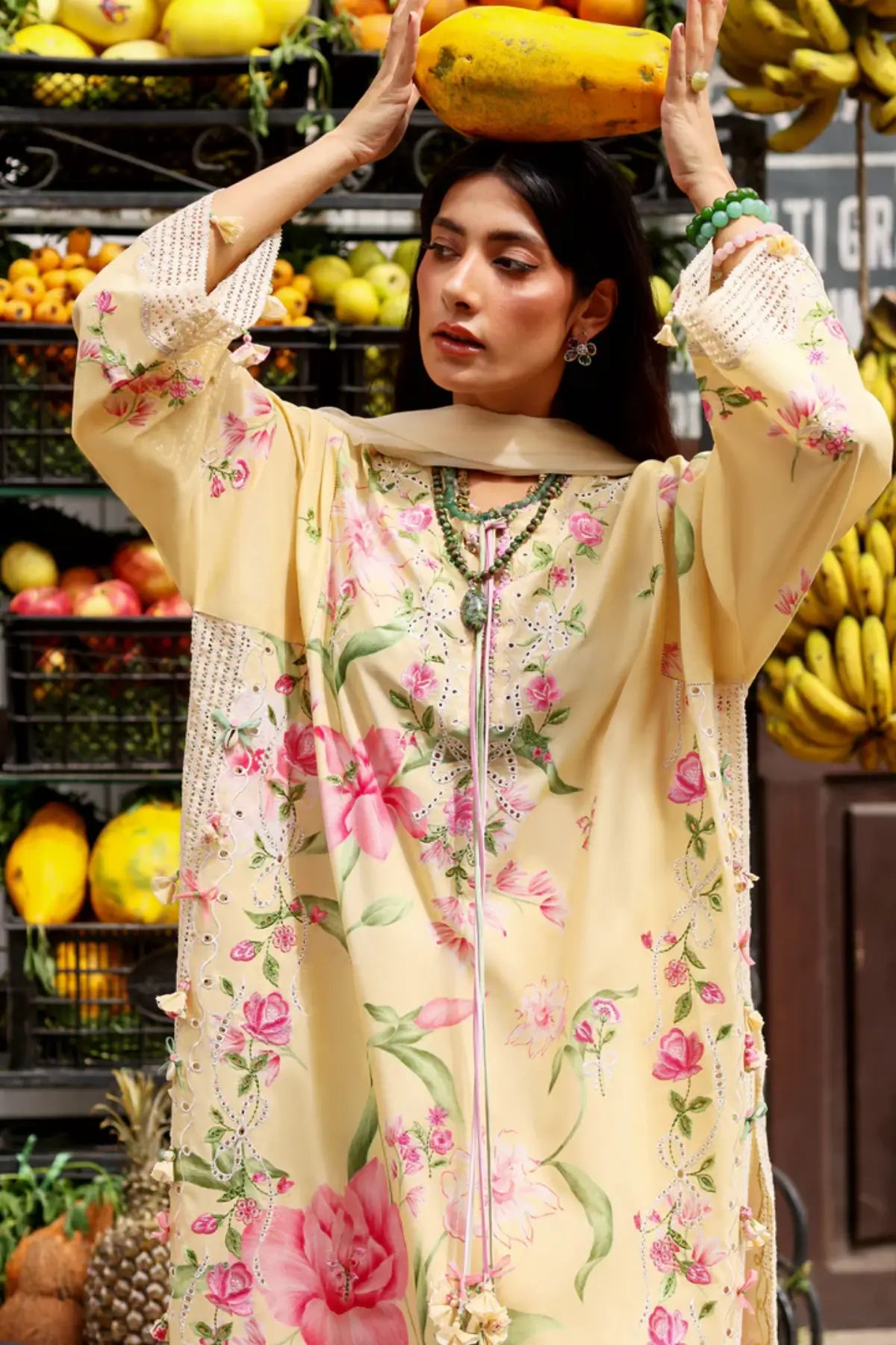 Zaha Himalayan Bell Mist ZF26-01 melon stitched lawn 3PC suit with floral print and chiffon dupatta