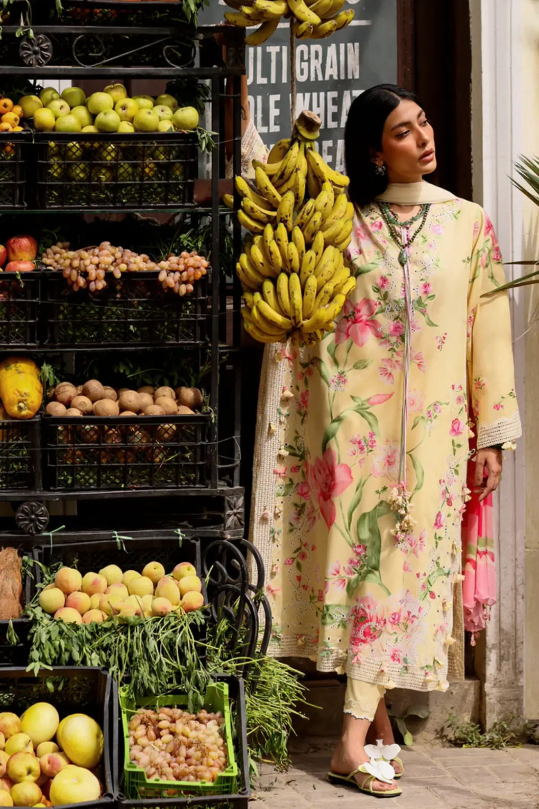 Zaha Himalayan Bell Mist ZF26-01 melon stitched lawn 3PC suit with floral print and chiffon dupatta