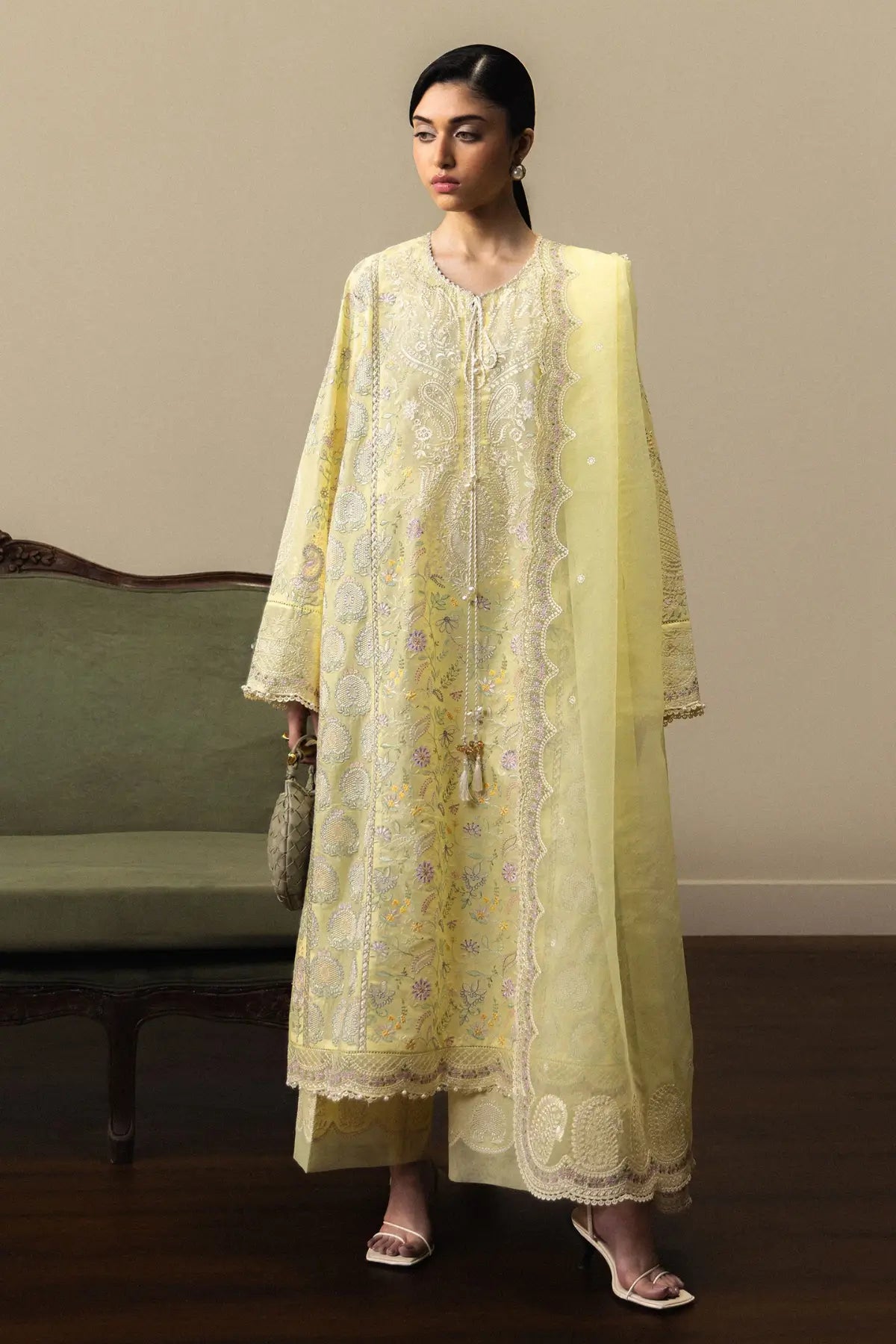 Zara Shahjahan Hinata-D3 sunlight yellow chikankari embroidered lawn suit with organza dupatta and cambric trousers