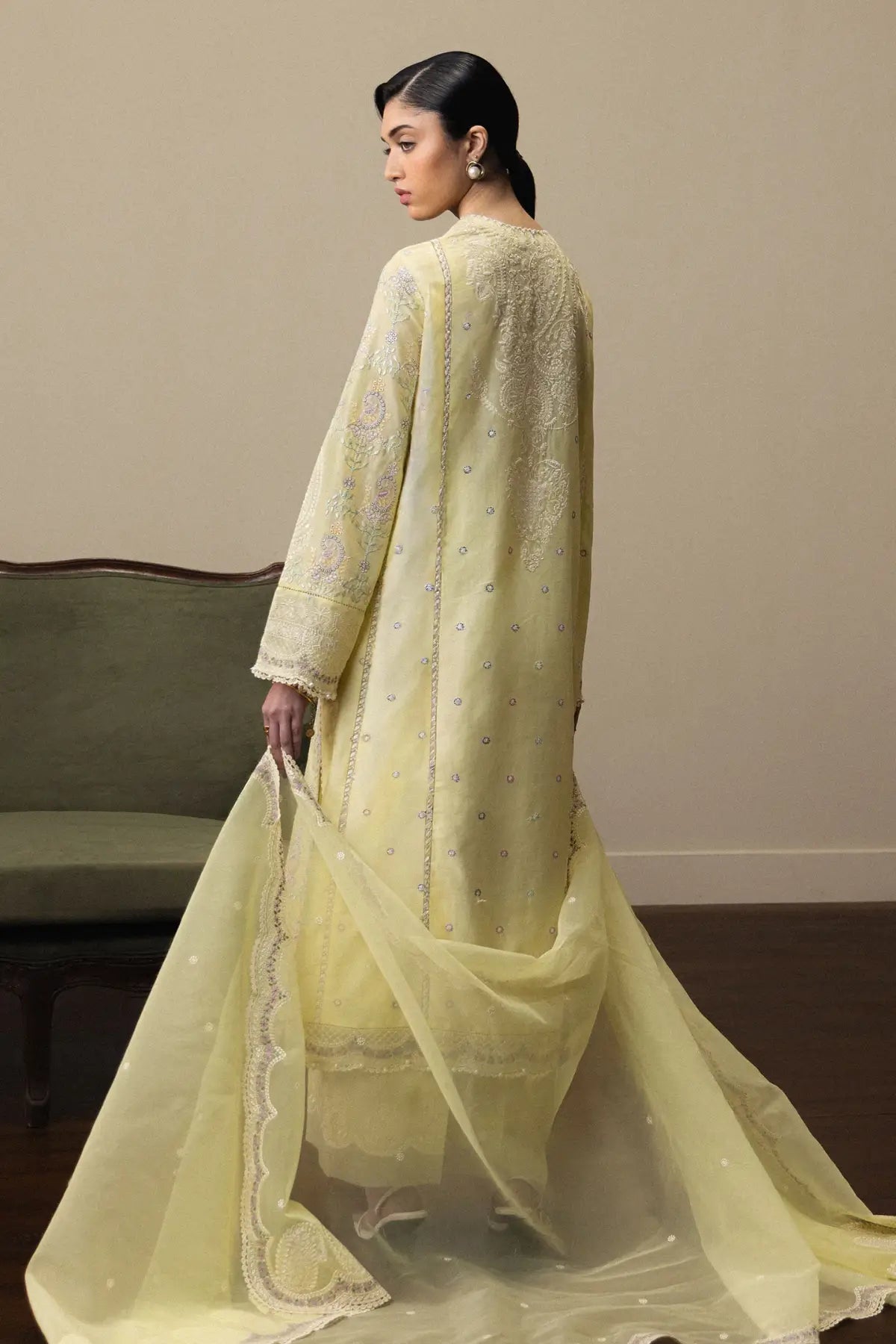 Zara Shahjahan Hinata-D3 sunlight yellow chikankari embroidered lawn suit with organza dupatta and cambric trousers