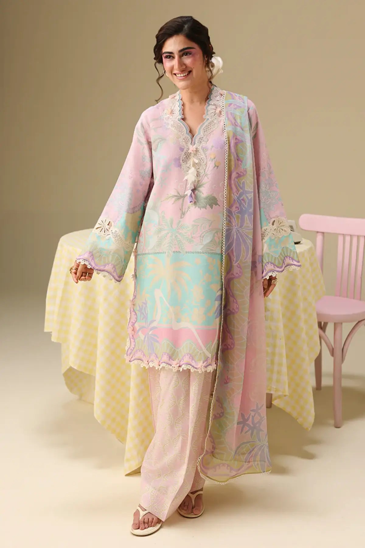 Honey Petal Mushq Soleil Prints pink stitched lawn 3PC suit with chiffon dupatta and organza embroidery