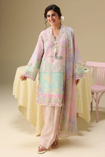 Honey Petal Mushq Soleil Prints pink stitched lawn 3PC suit with chiffon dupatta and organza embroidery