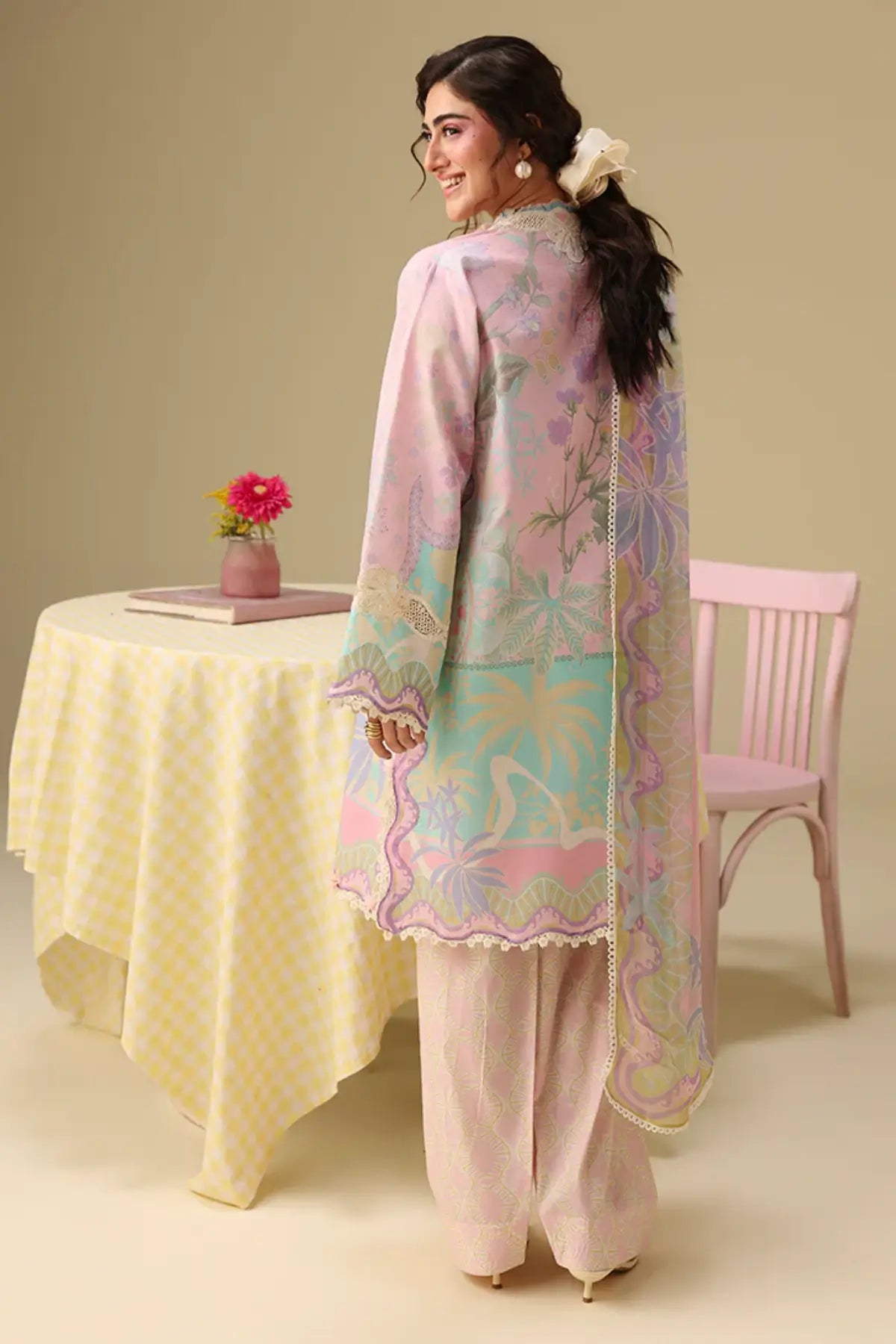 Honey Petal Mushq Soleil Prints pink stitched lawn 3PC suit with chiffon dupatta and organza embroidery