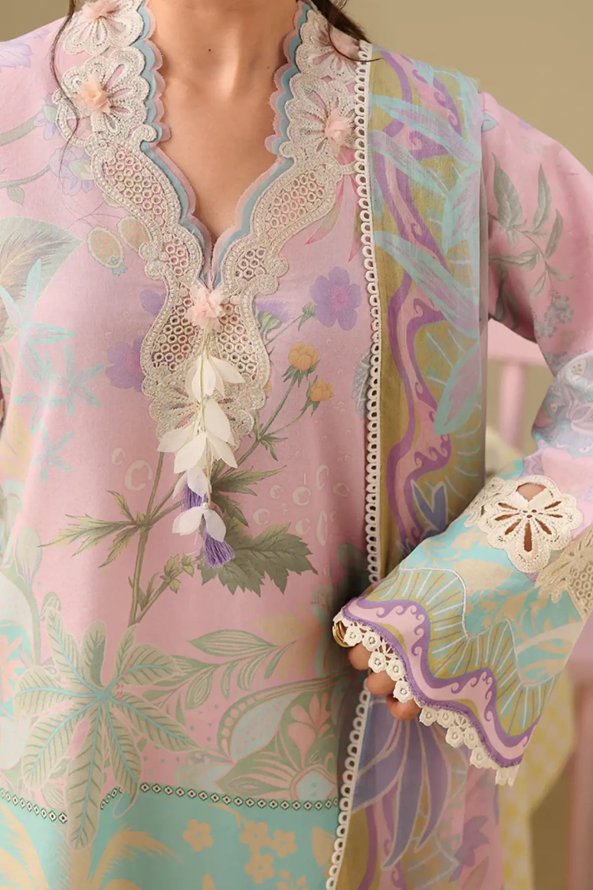 Honey Petal Mushq Soleil Prints pink stitched lawn 3PC suit with chiffon dupatta and organza embroidery