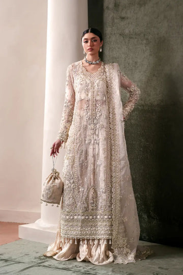 Howlite Emaan Adeel ivory embroidered organza stitched formal suit with dupatta and raw silk trouser