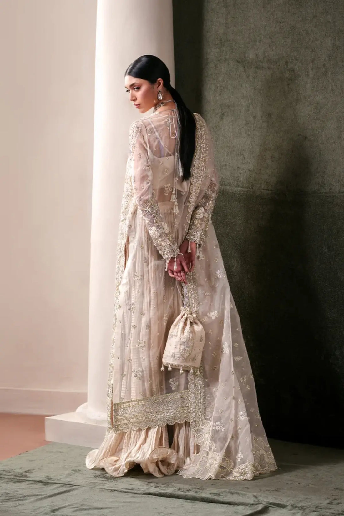 Howlite Emaan Adeel ivory embroidered organza stitched formal suit with dupatta and raw silk trouser
