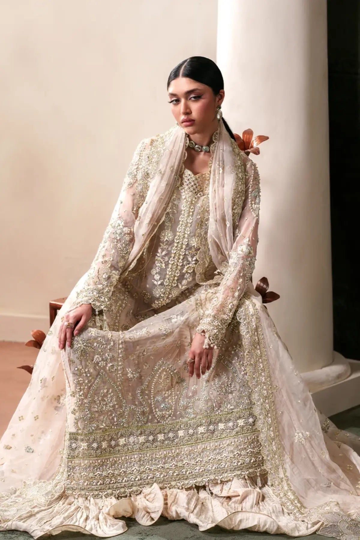 Howlite Emaan Adeel ivory embroidered organza stitched formal suit with dupatta and raw silk trouser