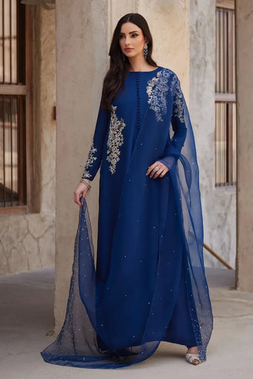 Huda by Kanwal Malik Ghina luxury pret navy blue raw silk evening wear with Ada handwork and organza dupatta Pakistanimoda.