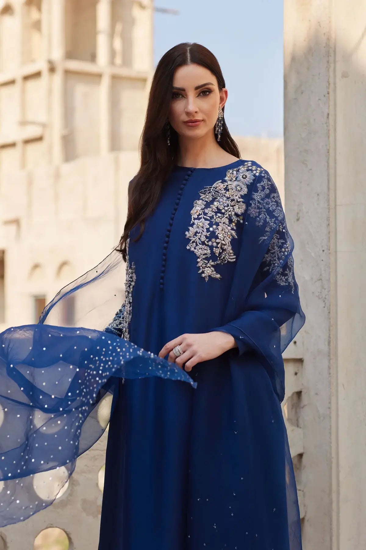 Huda by Kanwal Malik Ghina luxury pret navy blue raw silk evening wear with Ada handwork and organza dupatta Pakistanimoda
