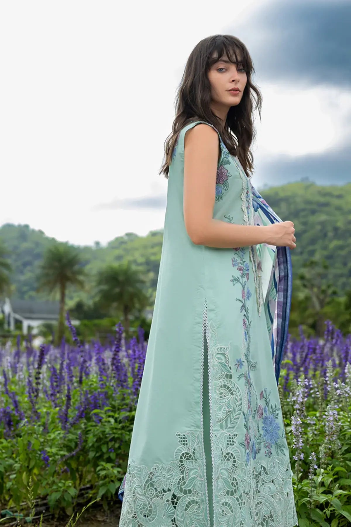 Hummingbird Haven mint green Mushq chikan lawn 3PC suit with silk dupatta