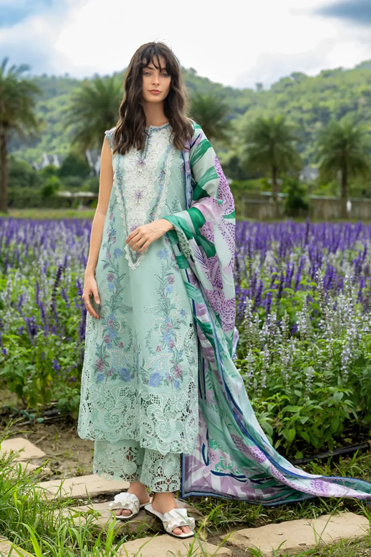 Hummingbird Haven mint green Mushq chikan lawn 3PC suit with silk dupatta