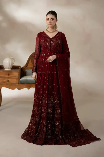 I-277 Amarante by Imrozia, maroon embroidered chiffon festive Pishwas with sequin detailing and matching chiffon dupatta.