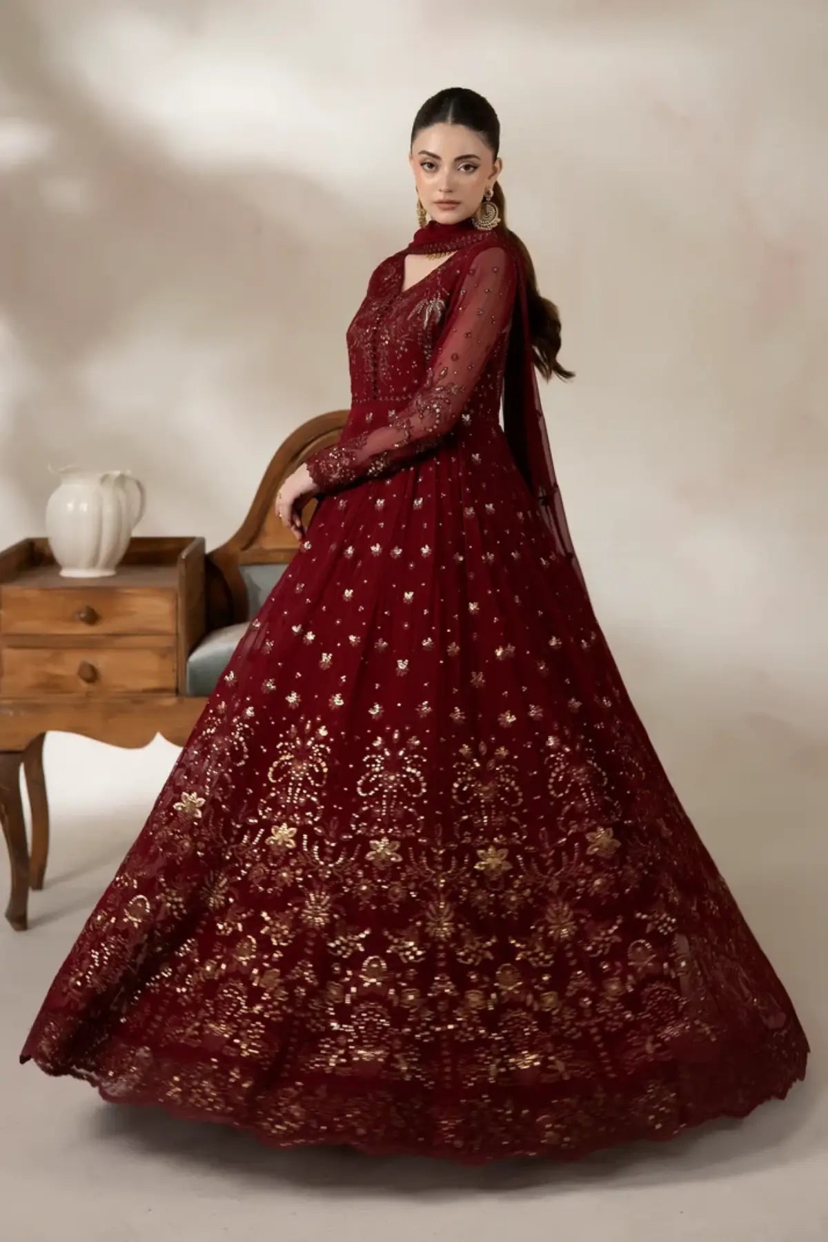 I-277 Amarante by Imrozia, maroon embroidered chiffon festive Pishwas with sequin detailing and matching chiffon dupatta.