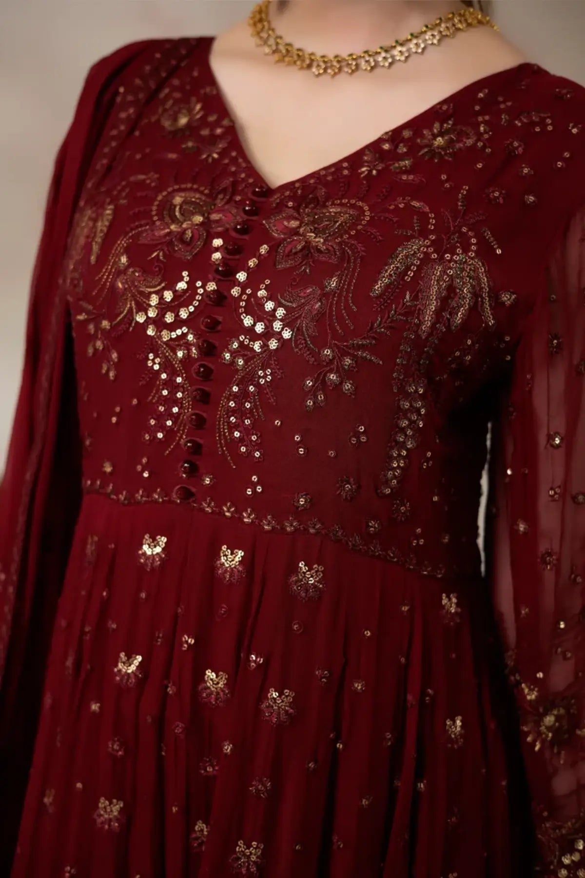I-277 Amarante by Imrozia, maroon embroidered chiffon festive Pishwas with sequin detailing and matching chiffon dupatta.