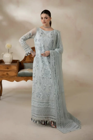 I-278 Azzura by Imrozia, powder blue embroidered chiffon stitched 3PC suit with raw silk trouser and chiffon dupatta.