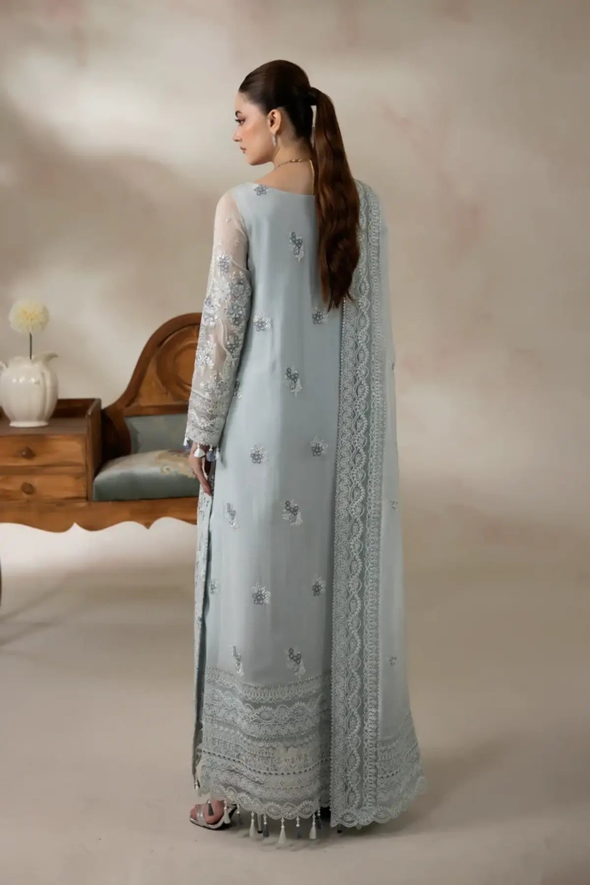 I-278 Azzura by Imrozia, powder blue embroidered chiffon stitched 3PC suit with raw silk trouser and chiffon dupatta.