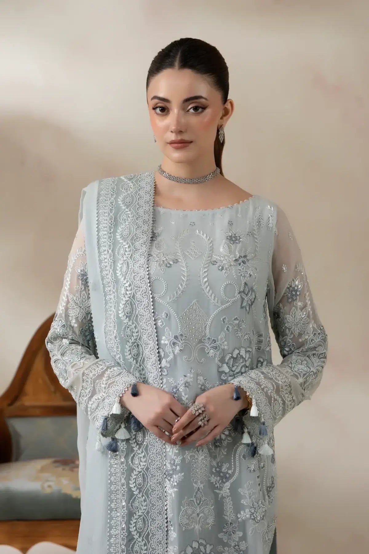 I-278 Azzura by Imrozia, powder blue embroidered chiffon stitched 3PC suit with raw silk trouser and chiffon dupatta.