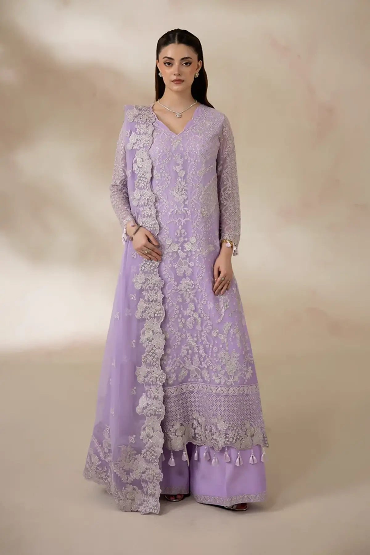 I-279 Lavelle by Imrozia, lilac embellished chiffon stitched formal suit with raw silk trouser and embroidered dupatta.