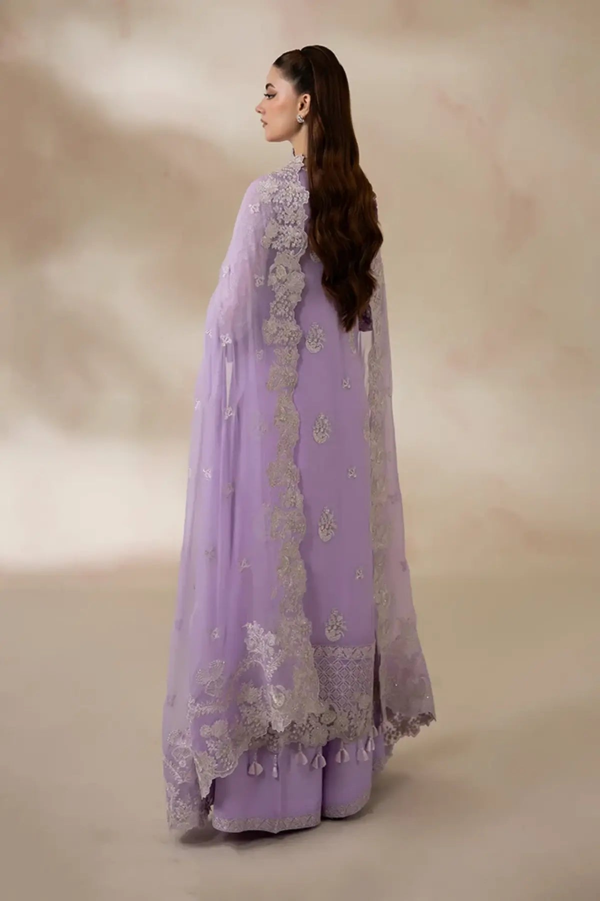 I-279 Lavelle by Imrozia, lilac embellished chiffon stitched formal suit with raw silk trouser and embroidered dupatta.