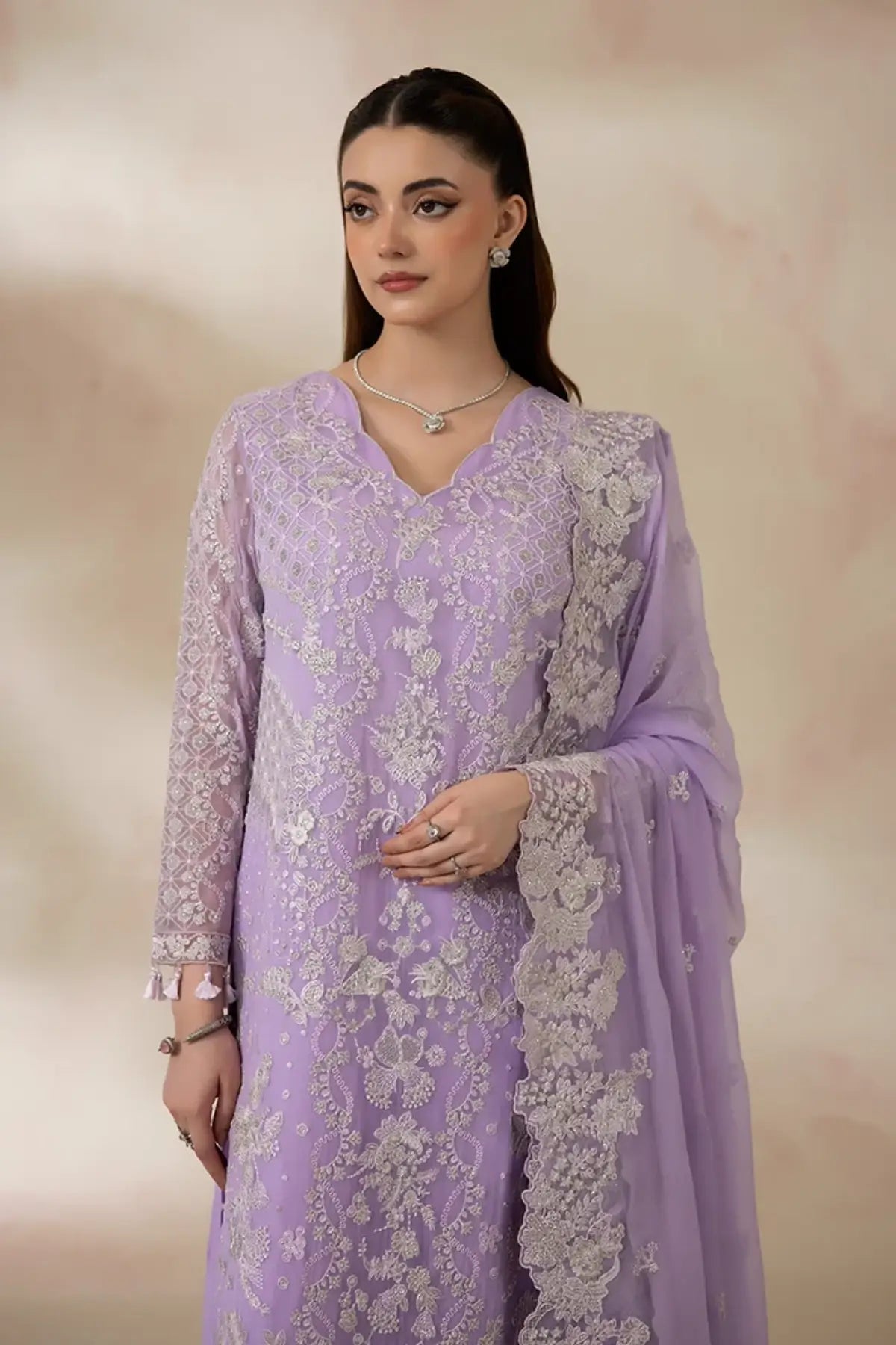 I-279 Lavelle by Imrozia, lilac embellished chiffon stitched formal suit with raw silk trouser and embroidered dupatta.