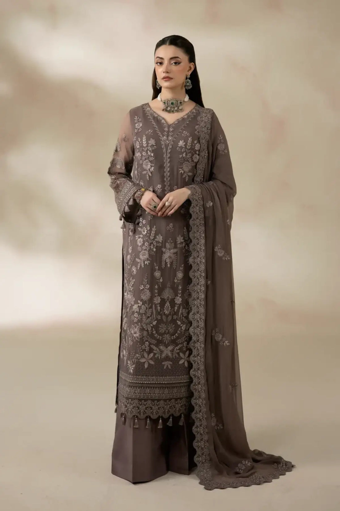 I-280 Oliveira by Imrozia, muted olive embroidered chiffon stitched 3PC suit with raw silk trouser and chiffon dupatta.