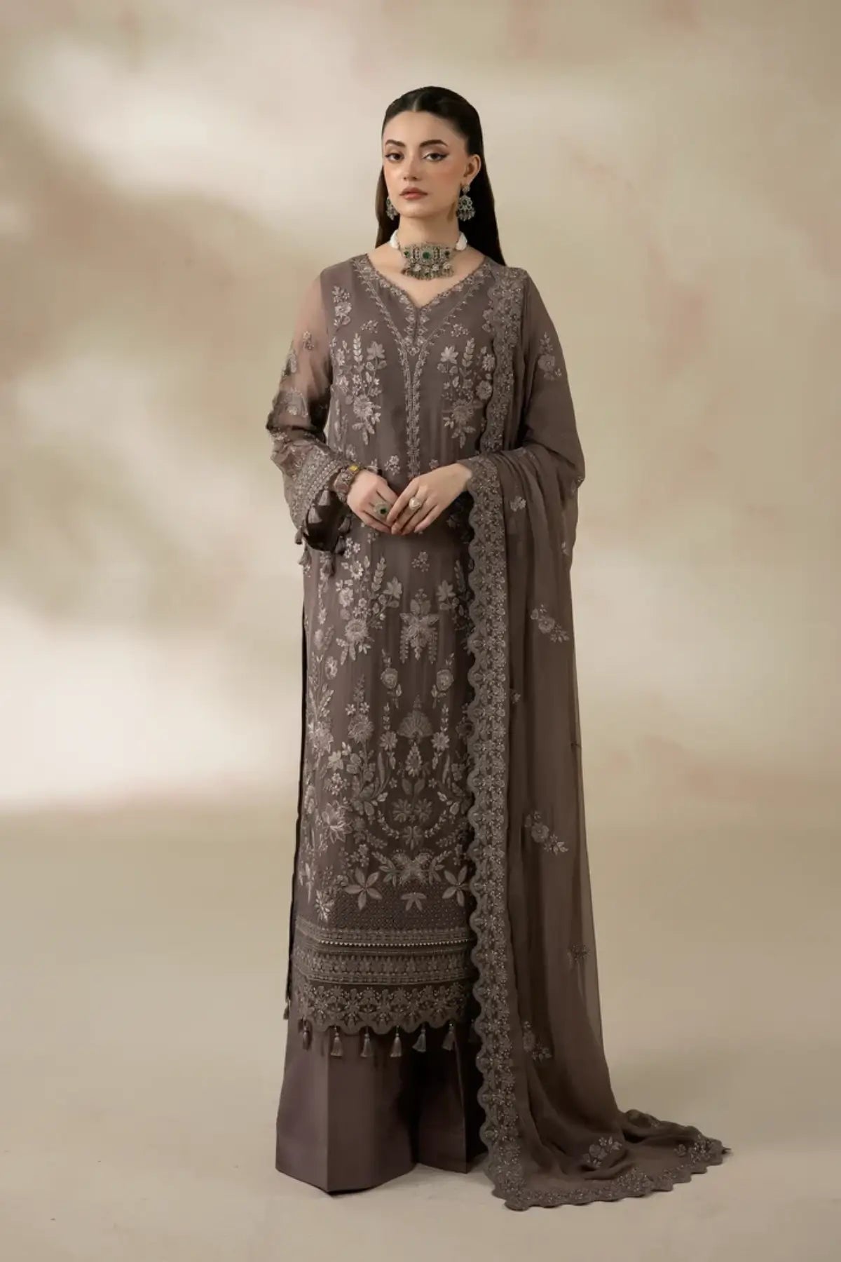 I-280 Oliveira by Imrozia, muted olive embroidered chiffon stitched 3PC suit with raw silk trouser and chiffon dupatta.