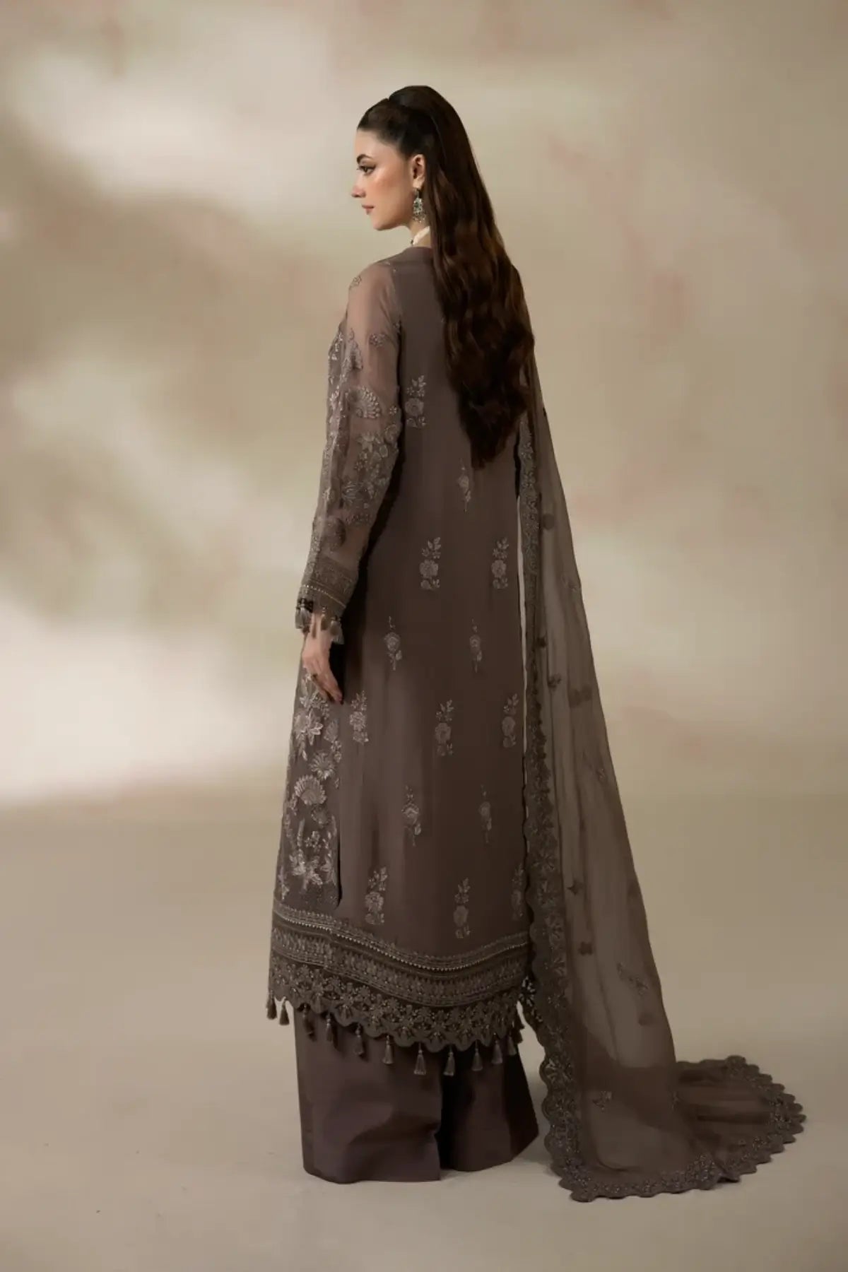 I-280 Oliveira by Imrozia, muted olive embroidered chiffon stitched 3PC suit with raw silk trouser and chiffon dupatta.