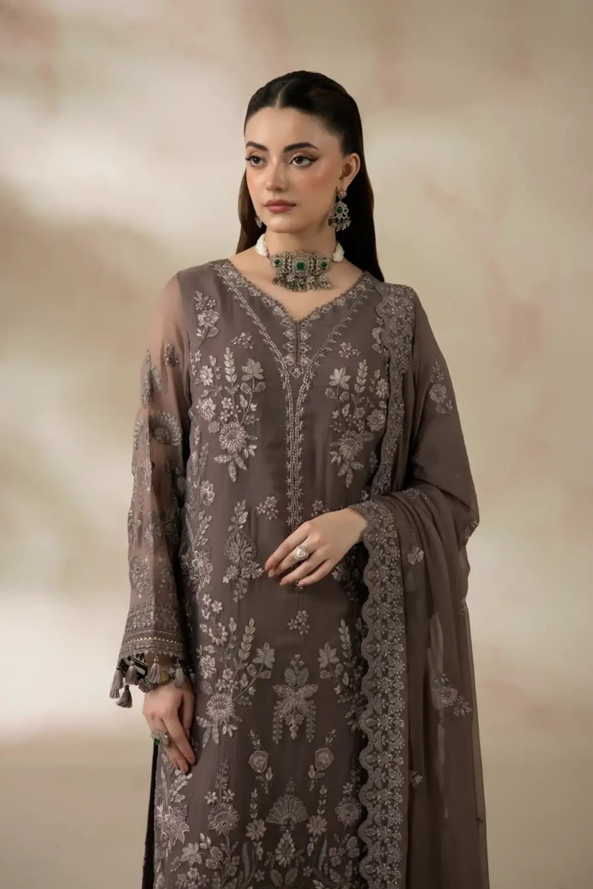 I-280 Oliveira by Imrozia, muted olive embroidered chiffon stitched 3PC suit with raw silk trouser and chiffon dupatta.