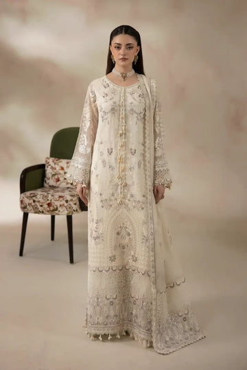 I-281 Ivella by Imrozia, pearl white embroidered chiffon wedding suit with raw silk trouser and embroidered dupatta.