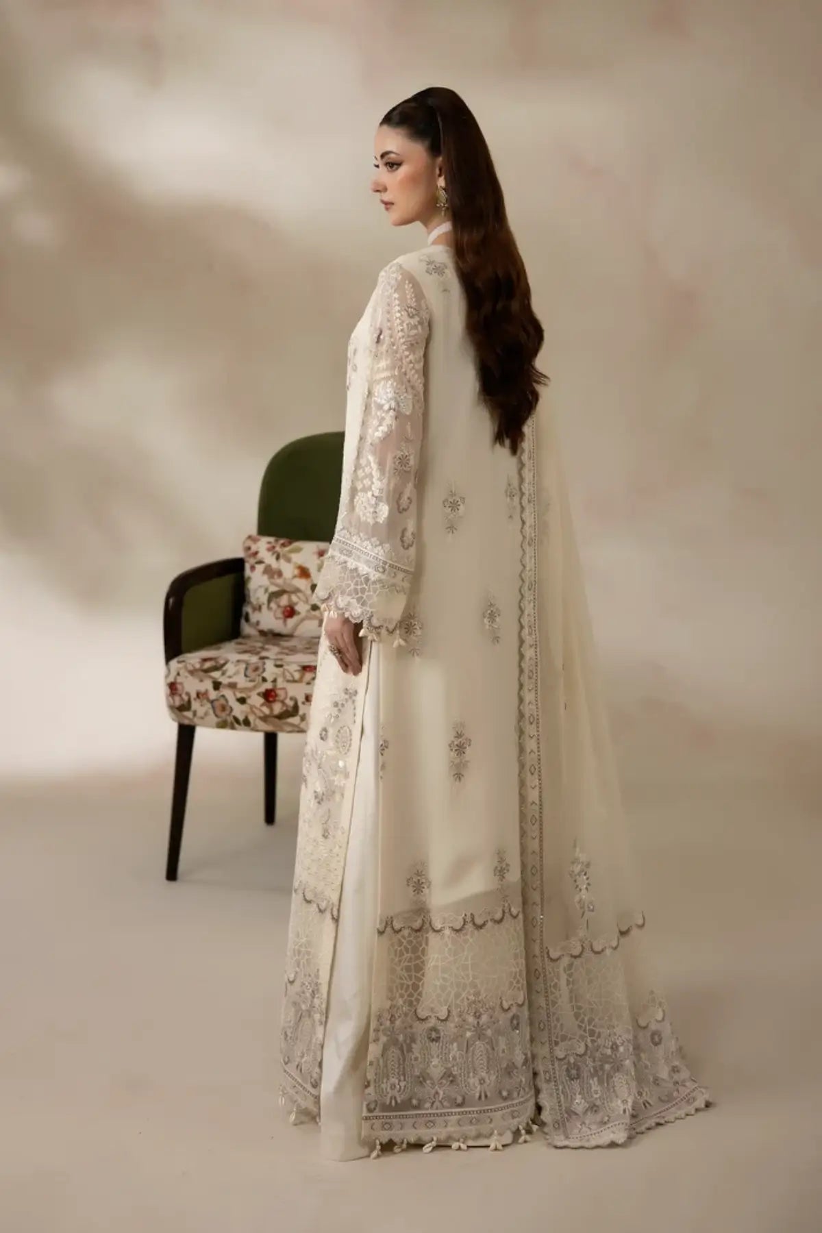 I-281 Ivella by Imrozia, pearl white embroidered chiffon wedding suit with raw silk trouser and embroidered dupatta.