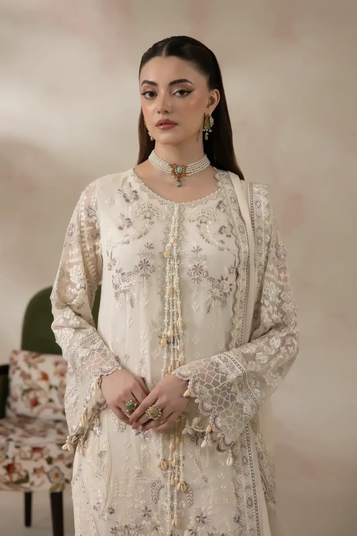 I-281 Ivella by Imrozia, pearl white embroidered chiffon wedding suit with raw silk trouser and embroidered dupatta.